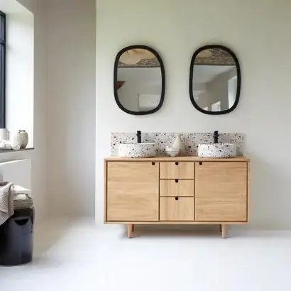 Meuble double vasque en chêne et miroirs ronds